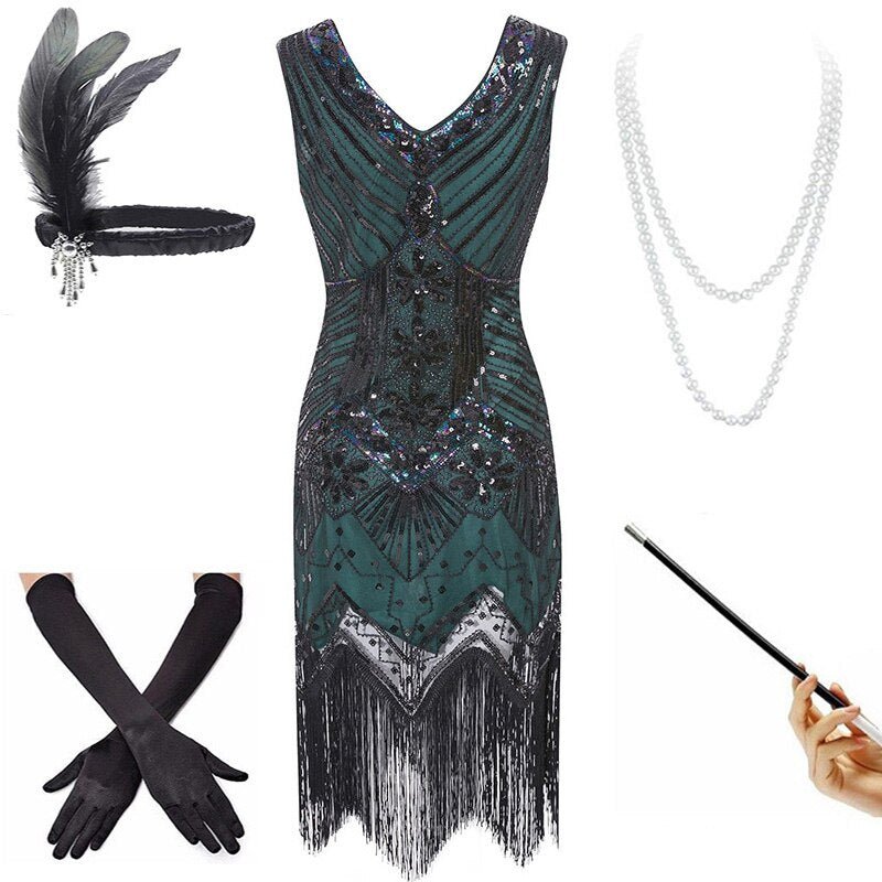 Vestido Vintage Dos Anos 1920 Verde Preto