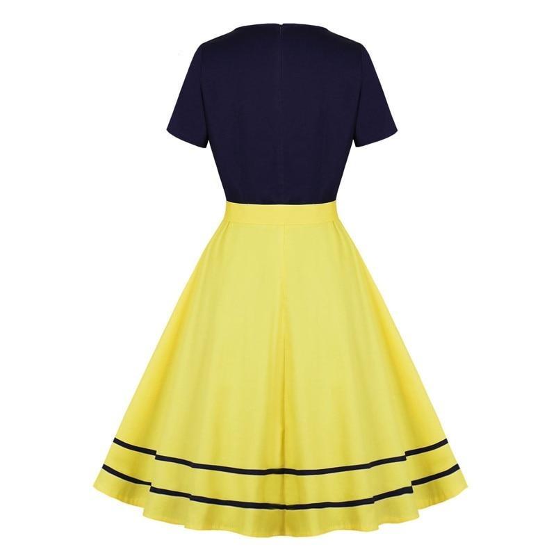 Vestido Vintage Azul Marinho E Amarelo Dos Anos 50