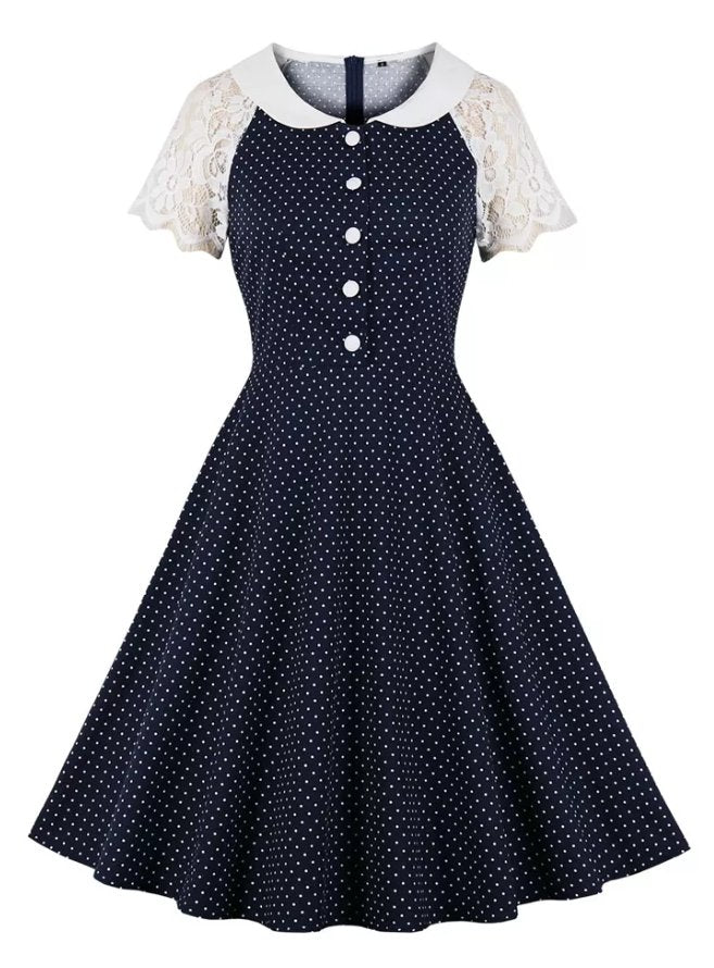 Vestido Vintage Azul Com Gola De Renda