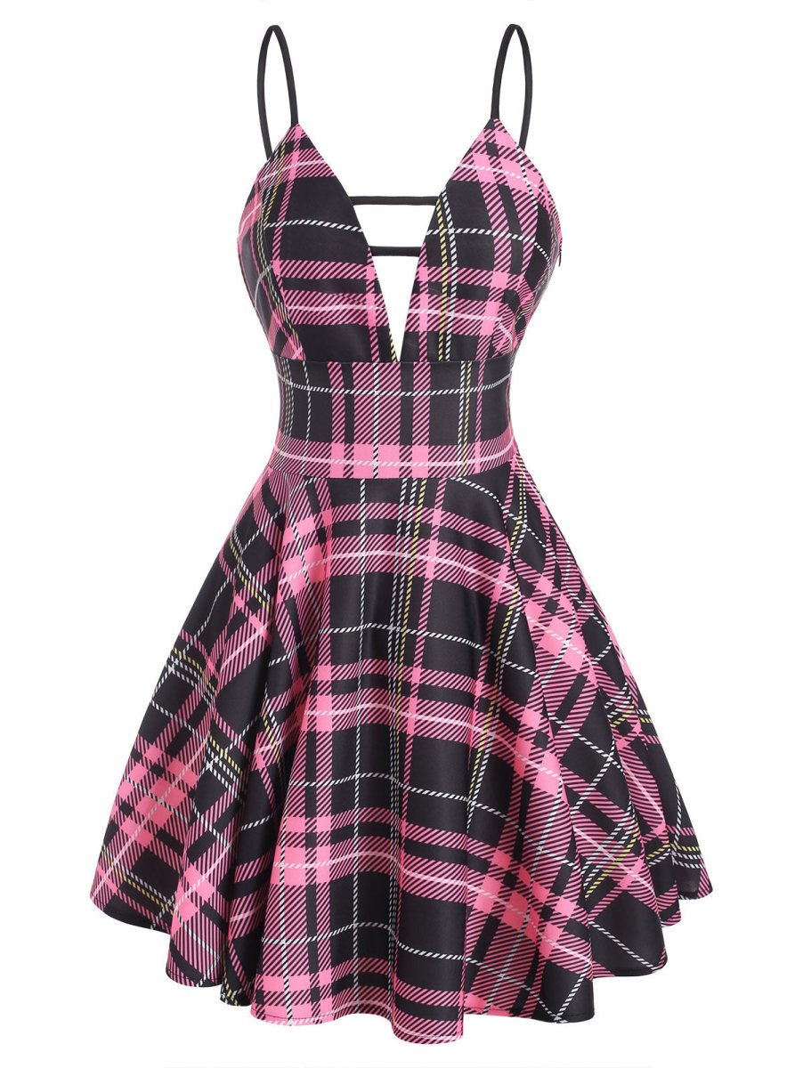 Vestido Xadrez Vintage Com Cadarço Rosa