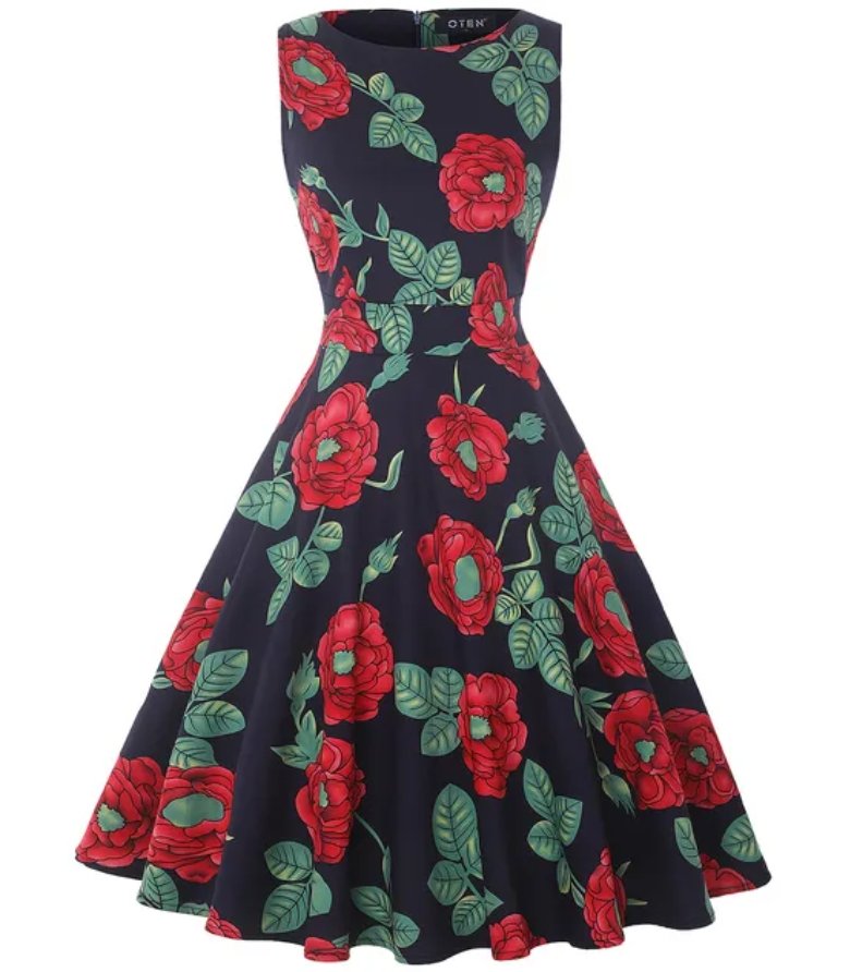 Vestido Vintage Chique Retrô Azul Marinho Flores