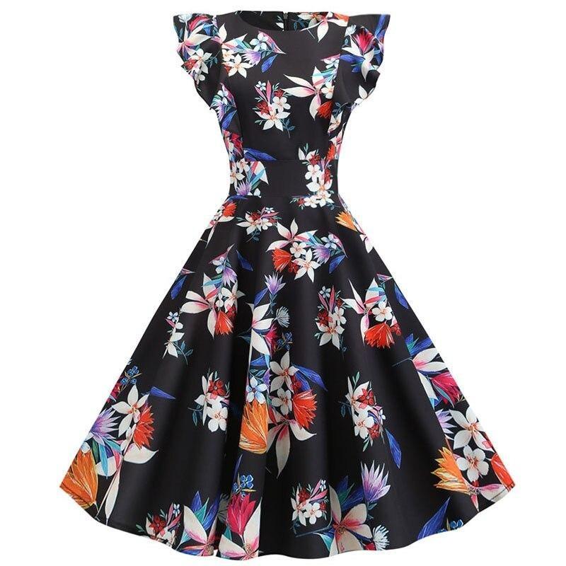 Vestido Floral Vintage Chique Retrô Preto
