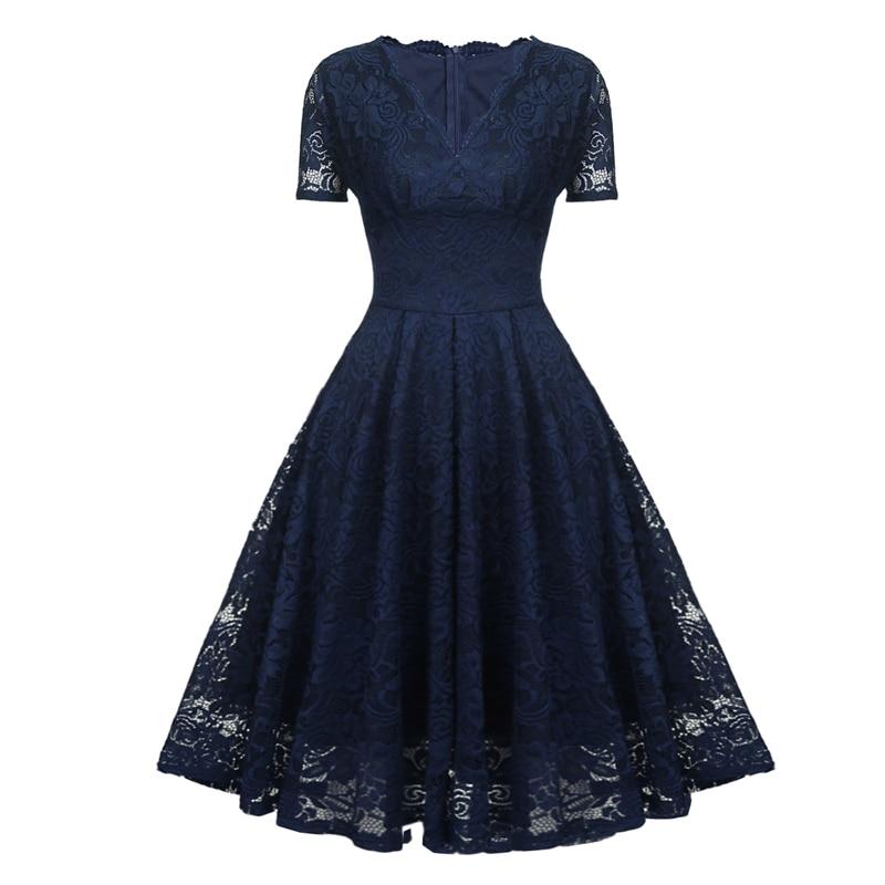 Vestido Vintage De Renda Azul Marinho Com Decote Em V
