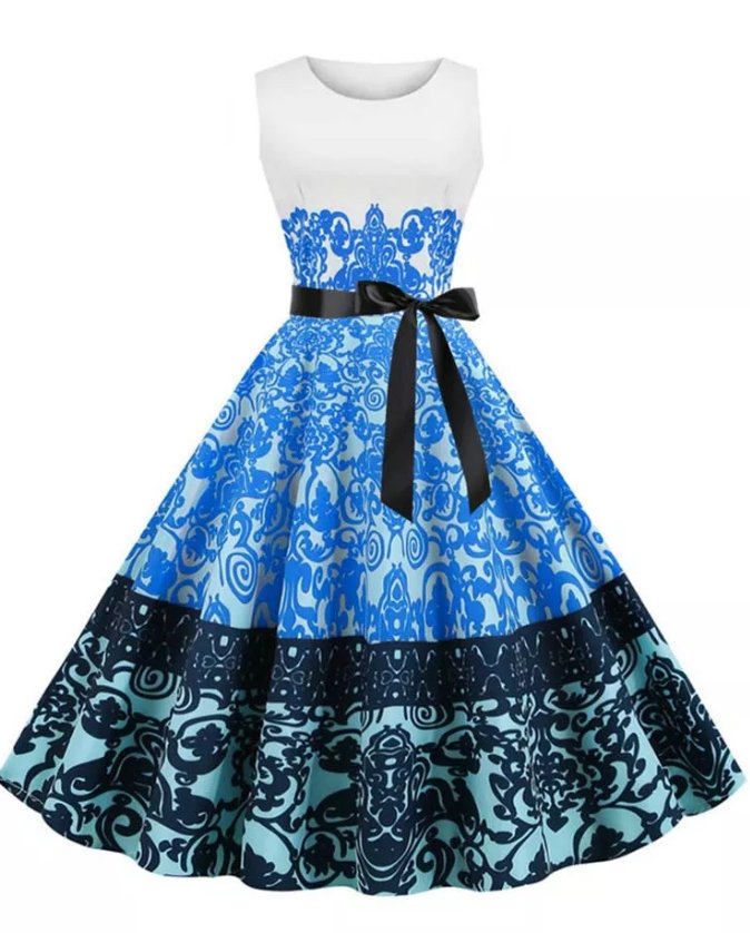 Vestido Vintage Decote Redondo Flores Brancas