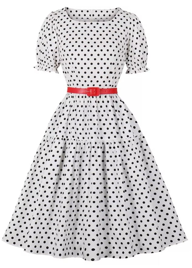 Vestido Vintage De Bolinhas Brancas Com Gola Redonda