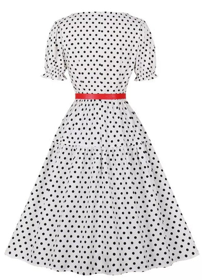 Vestido Vintage De Bolinhas Brancas Com Gola Redonda