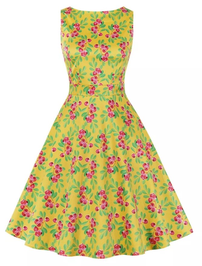 Vestido Vintage Amarelo Floral Com Decote Redondo