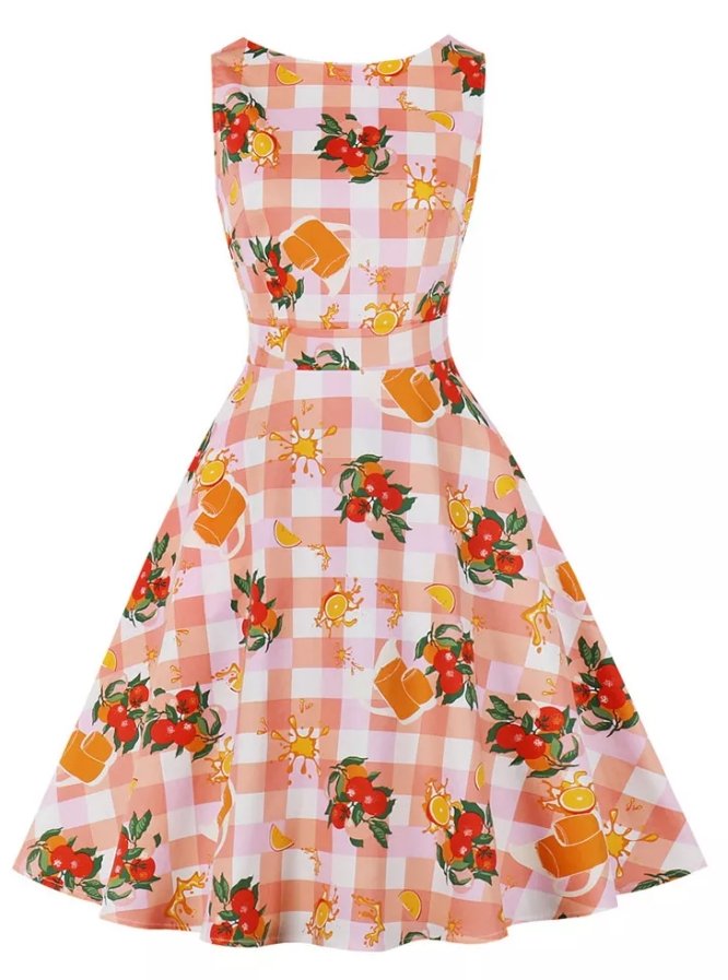Vestido Vintage Floral Rosa Com Gola Redonda