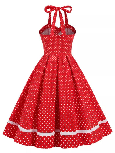 Vestido Vintage De Bolinhas Vermelhas Com Gola Redonda