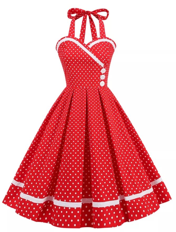 Vestido Vintage De Bolinhas Vermelhas Com Gola Redonda