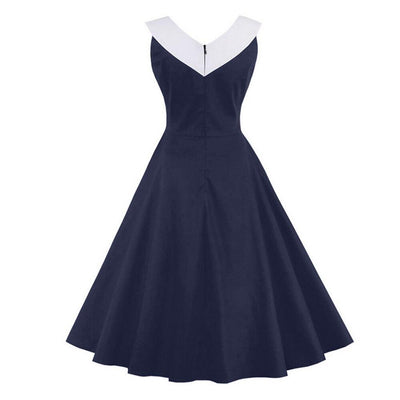 Vestido Vintage Tamanho Grande Gola Chique Azul Marinho
