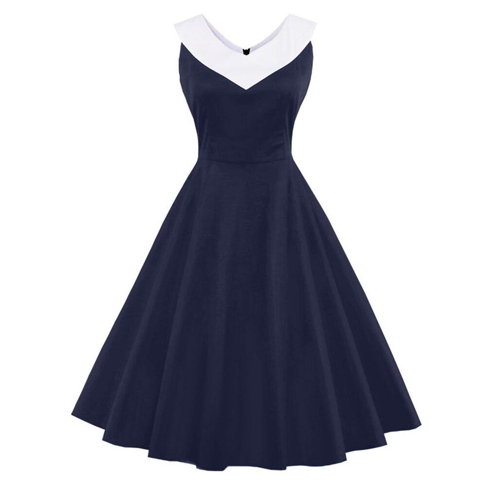Vestido Vintage Tamanho Grande Gola Chique Azul Marinho