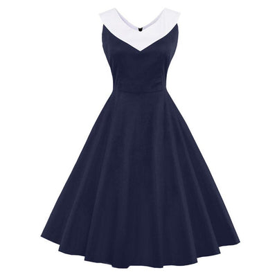 Vestido Vintage Tamanho Grande Gola Chique Azul Marinho