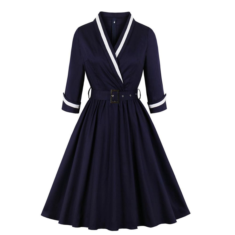 Vestido Vintage Plus Size Com Decote Em V Azul Marinho