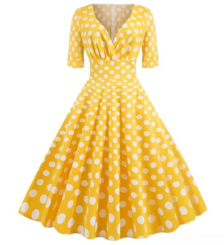 Vestido Vintage De Bolinhas De Algodão Amarelo