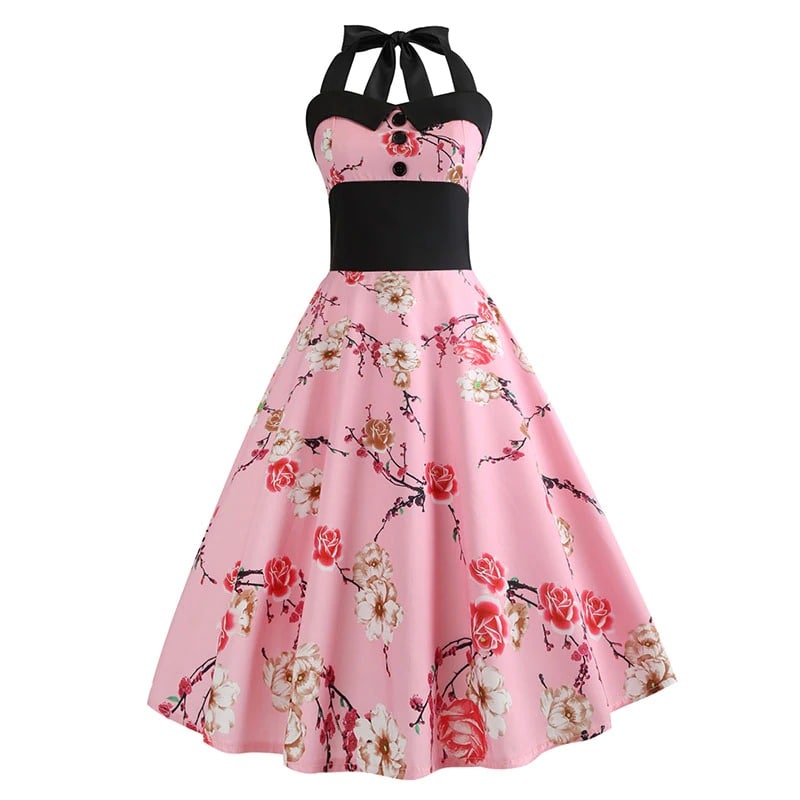 Vestido Vintage Pin-Up Floral Rosa