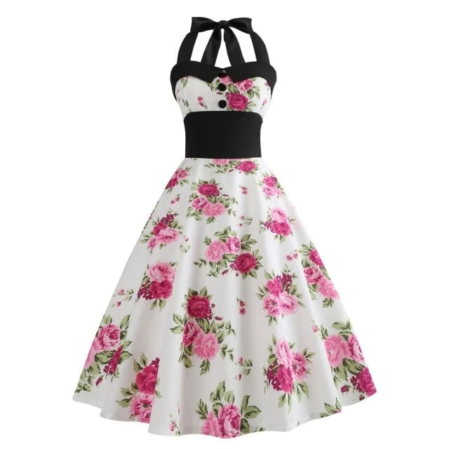 Vestido Vintage Floral Branco Pin-Up