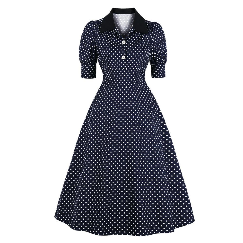 Vestido Vintage De Bolinhas Azul Marinho