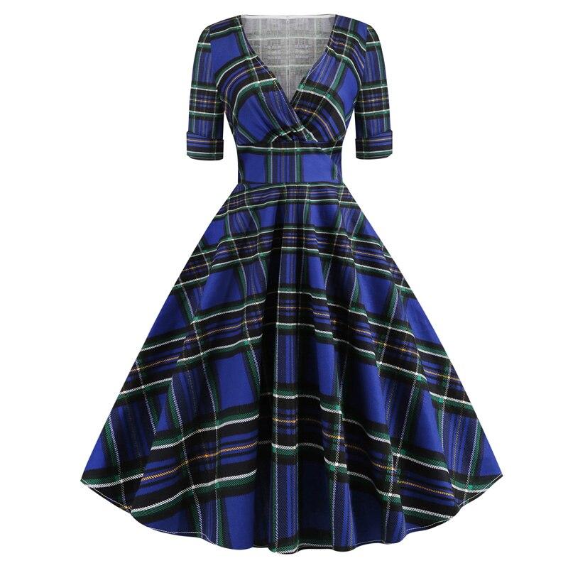 Vestido Vintage Rockabilly Dos Anos 50 Tartan Azul