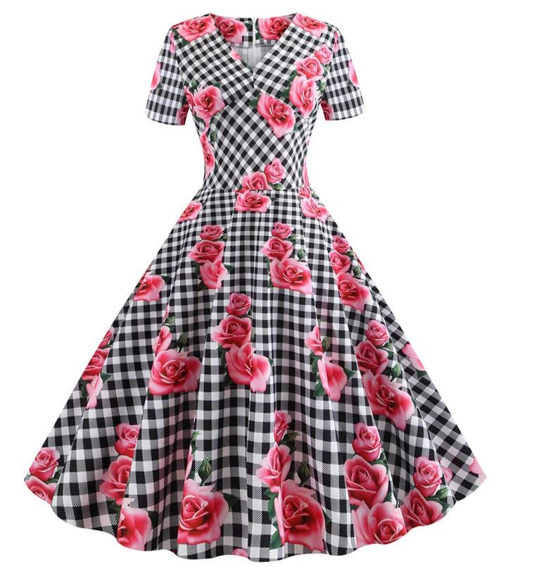 Vestido Vintage Romântico Xadrez Preto