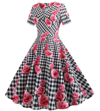 Vestido Vintage Romântico Xadrez Preto