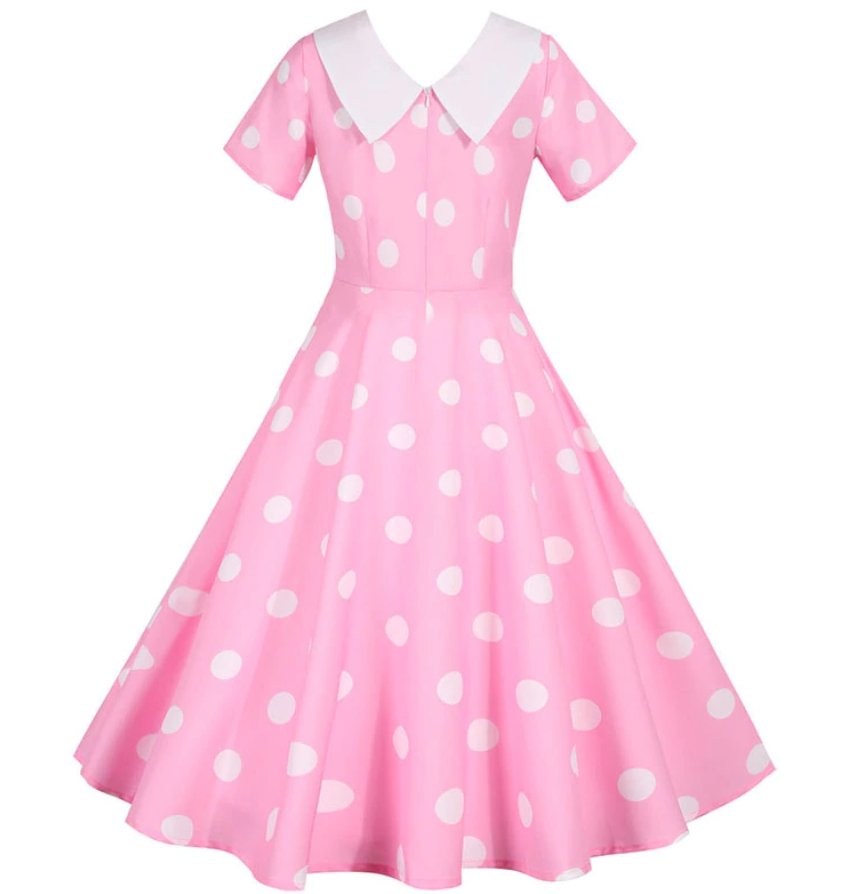 Vestido Rosa Vintage Com Bolinhas Brancas