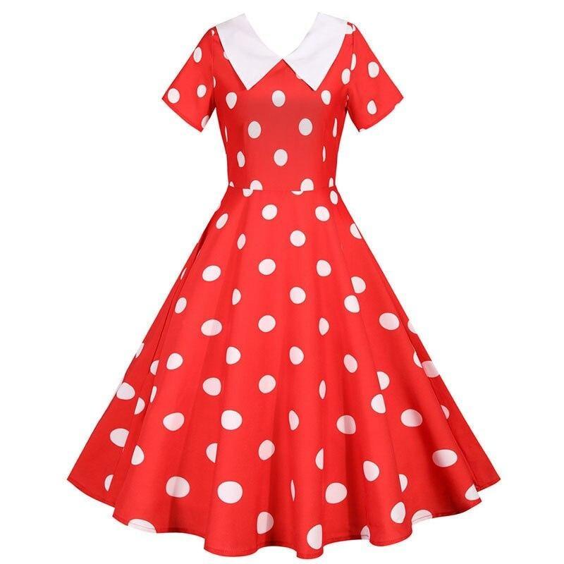 Vestido Vintage Vermelho De Bolinhas Com Gola Larga
