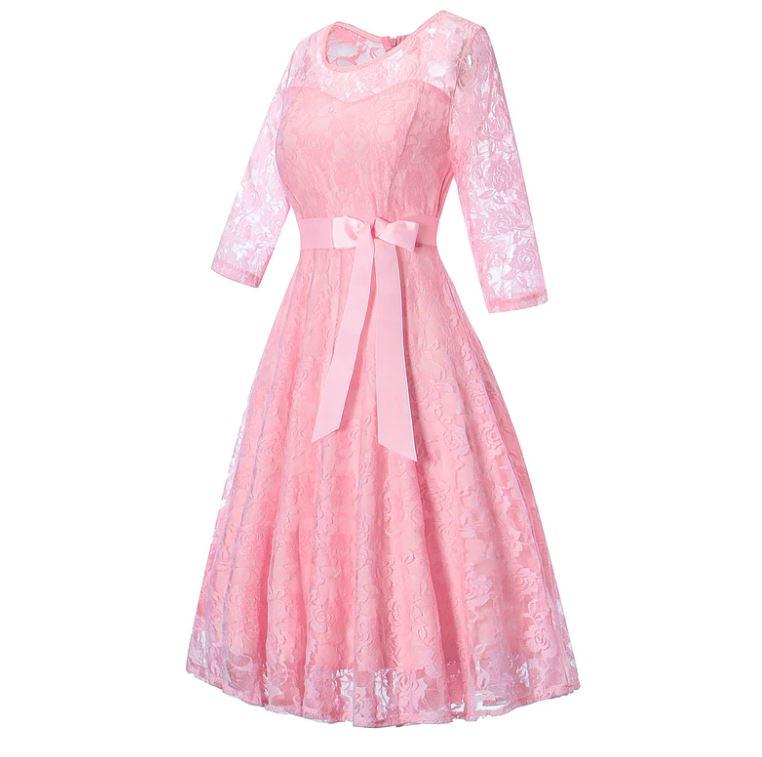 Vestido De Noite Rosa Vintage Manga Longa
