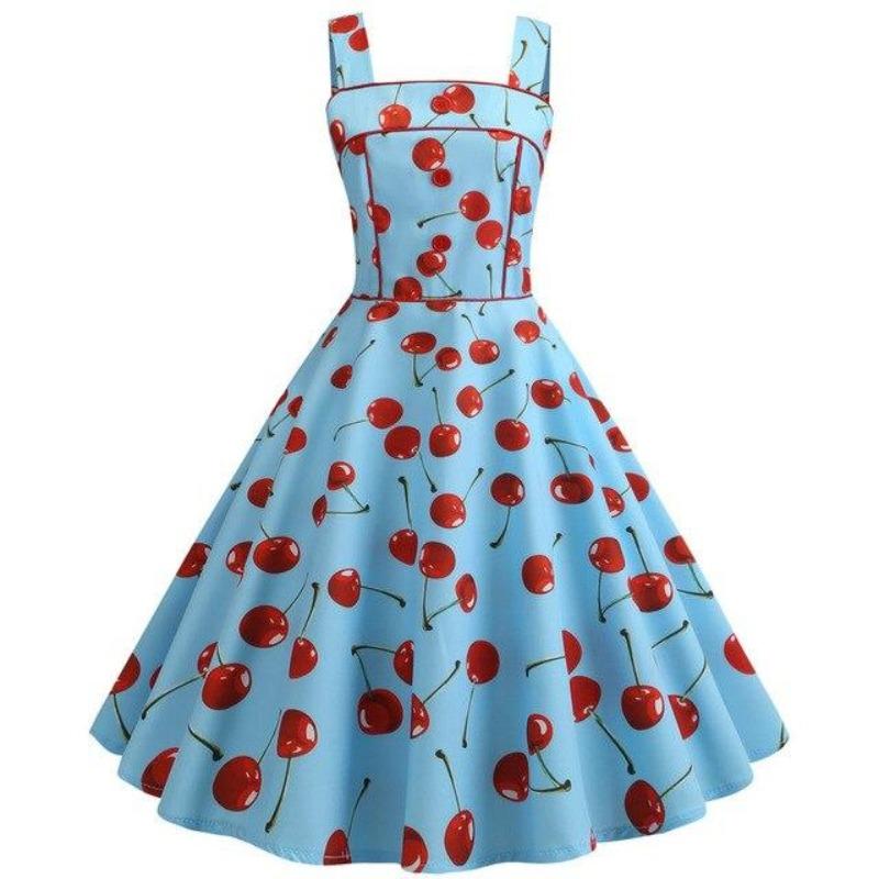 Vestido Vintage Azul Cereja 1950