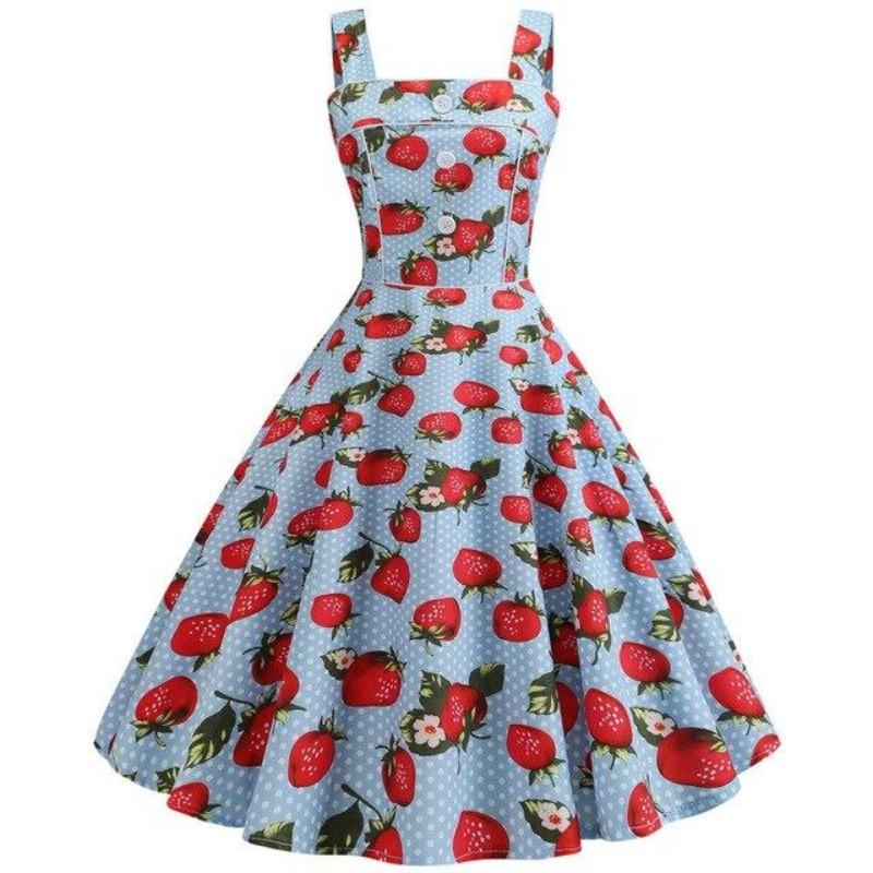 Vestido Azul Morango Vintage 1950