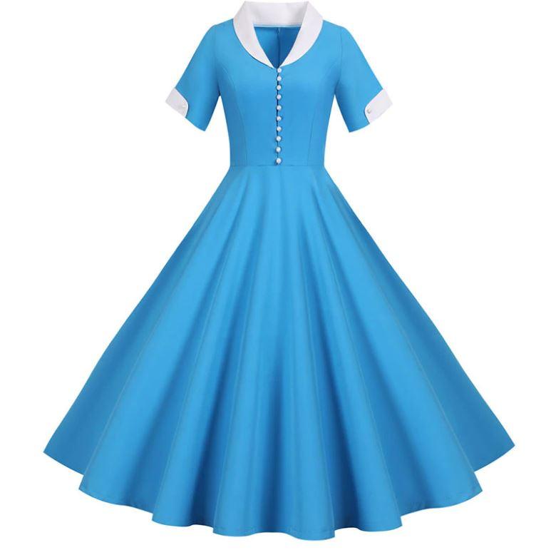 Vestido Vintage Anos 50 Azul Céu